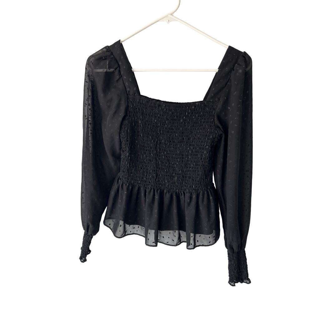 Nine West Black Whimsy Goth Dot Pattern Shirred Sheer Long Sleeve Top XS